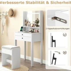 Sæt Bestående af Frisørbord og Skammel COSTWAY, Spejl, Belysning med 3 Lysindstillinger, Opladningsstation, 2 Skuffer, Perfekt Gave Hvid Vit