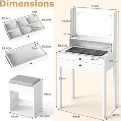 Sæt Bestående af Frisørbord og Skammel COSTWAY, Spejl, Belysning med 3 Lysindstillinger, Opladningsstation, 2 Skuffer, Perfekt Gave Hvid Vit