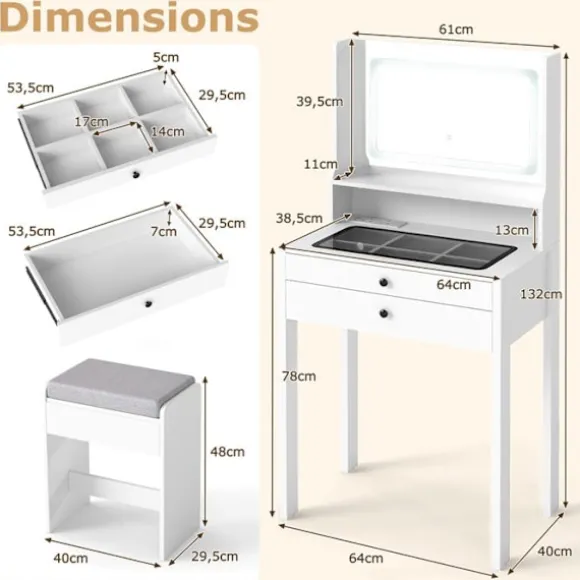 Sæt Bestående af Frisørbord og Skammel COSTWAY, Spejl, Belysning med 3 Lysindstillinger, Opladningsstation, 2 Skuffer, Perfekt Gave Hvid Vit