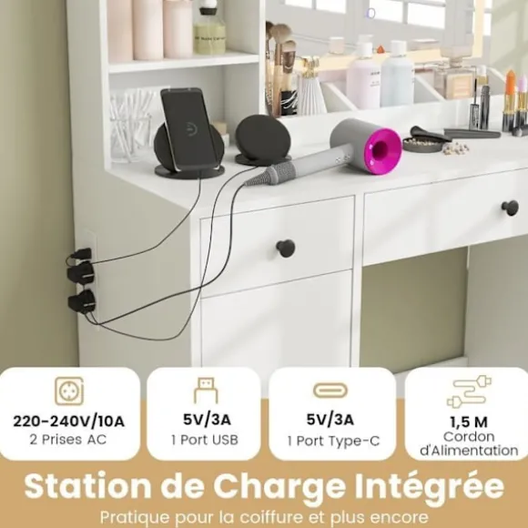 Sæt Coiffeuse og Taburet med LED Spejl COSTWAY, Justerbare Farver, Opladningsstation, 2 Skuffer, Opbevaringsplads, Hvid Vit