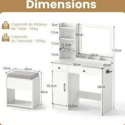 Sæt Coiffeuse og Taburet med LED Spejl COSTWAY, Justerbare Farver, Opladningsstation, 2 Skuffer, Opbevaringsplads, Hvid Vit