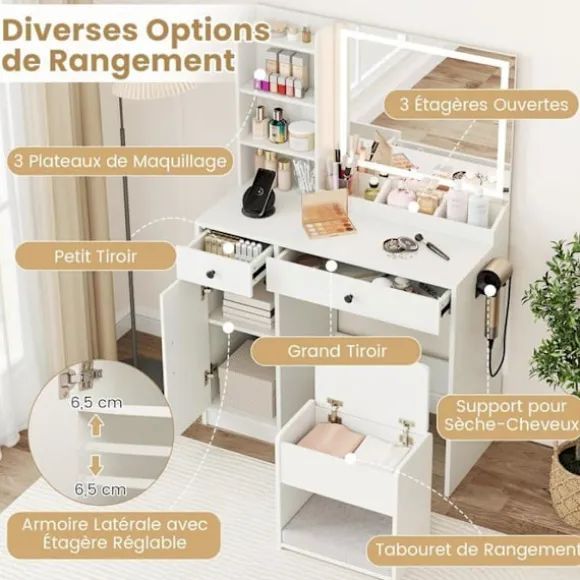 Sæt Coiffeuse og Taburet med LED Spejl COSTWAY, Justerbare Farver, Opladningsstation, 2 Skuffer, Opbevaringsplads, Hvid Vit
