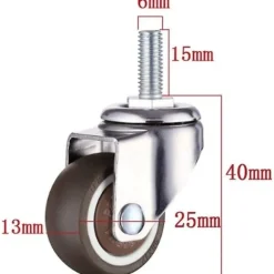 Sæt med 4 drejelige møbelhjul - M6 X 15mm - Med 25mm gevind - Blødt gummi - Tpe-gevind - Mini møbelhjul (25mm)