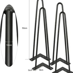 Sæt med 4 hårnåleben 50 cm til sort industrielt designbord