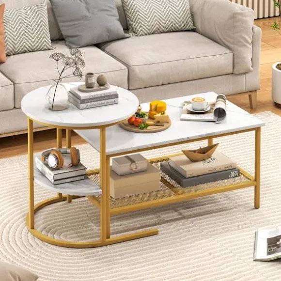 Sæt med 2 Nesting Sofaborde i 2 Niveauer COSTWAY, Hvid Marmorlook Plade, Guld Metalramme, Sidebord til Stue Guld og Hvid