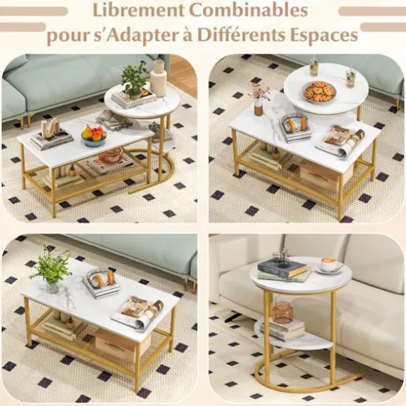 Sæt med 2 Nesting Sofaborde i 2 Niveauer COSTWAY, Hvid Marmorlook Plade, Guld Metalramme, Sidebord til Stue Guld og Hvid