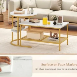 Sæt med 2 Nesting Sofaborde i 2 Niveauer COSTWAY, Hvid Marmorlook Plade, Guld Metalramme, Sidebord til Stue Guld og Hvid