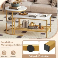 Sæt med 2 Nesting Sofaborde i 2 Niveauer COSTWAY, Hvid Marmorlook Plade, Guld Metalramme, Sidebord til Stue Guld og Hvid