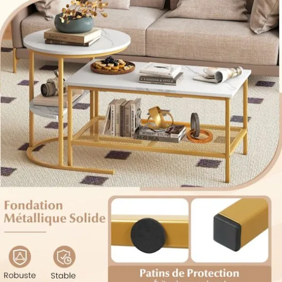 Sæt med 2 Nesting Sofaborde i 2 Niveauer COSTWAY, Hvid Marmorlook Plade, Guld Metalramme, Sidebord til Stue Guld og Hvid