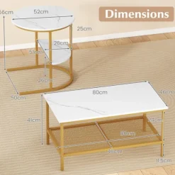 Sæt med 2 Nesting Sofaborde i 2 Niveauer COSTWAY, Hvid Marmorlook Plade, Guld Metalramme, Sidebord til Stue Guld og Hvid