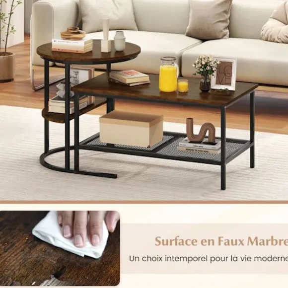Sæt med 2 Nesting Sofaborde med 2 Niveauer COSTWAY Marmor Imitation Brun Metalramme i Sort, Sidebord til Stuen Brun og sort