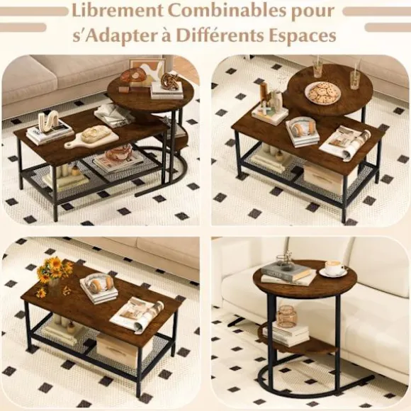 Sæt med 2 Nesting Sofaborde med 2 Niveauer COSTWAY Marmor Imitation Brun Metalramme i Sort, Sidebord til Stuen Brun og sort