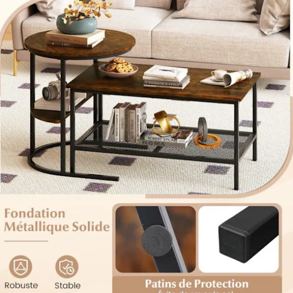 Sæt med 2 Nesting Sofaborde med 2 Niveauer COSTWAY Marmor Imitation Brun Metalramme i Sort, Sidebord til Stuen Brun og sort