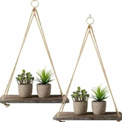 Sæt med 2 rustikke hængehylder lavet af genbrugstræ med reb og kroge