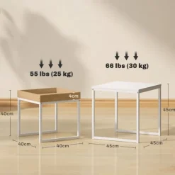 Sæt med 2 sofaborde, firkantede sideborde, sofabord med stålstel, sofabord i moderne design, til stue, bæreevne op til 30 kg, hvid + eg
