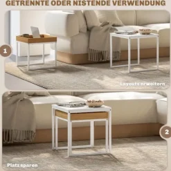Sæt med 2 sofaborde, firkantede sideborde, sofabord med stålstel, sofabord i moderne design, til stue, bæreevne op til 30 kg, hvid + eg