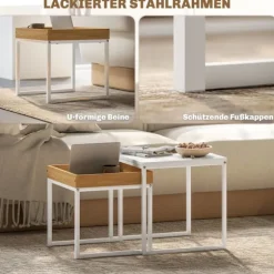 Sæt med 2 sofaborde, firkantede sideborde, sofabord med stålstel, sofabord i moderne design, til stue, bæreevne op til 30 kg, hvid + eg