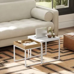 Sæt med 2 sofaborde, firkantede sideborde, sofabord med stålstel, sofabord i moderne design, til stue, bæreevne op til 30 kg, hvid + eg