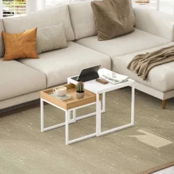 Sæt med 2 sofaborde, firkantede sideborde, sofabord med stålstel, sofabord i moderne design, til stue, bæreevne op til 30 kg, hvid + eg