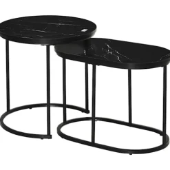 Sæt Med 2 Sofaborde Runde Ovale Bestillingsbord Sofabord Stabelbart Med Imiteret Marmorside Op Til 30 Kg Mdf Stål Sort Ø50 X 50,5H Cm