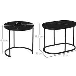 Sæt Med 2 Sofaborde Runde Ovale Bestillingsbord Sofabord Stabelbart Med Imiteret Marmorside Op Til 30 Kg Mdf Stål Sort Ø50 X 50,5H Cm