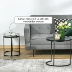 Sæt Med 2 Sofaborde Runde Ovale Bestillingsbord Sofabord Stabelbart Med Imiteret Marmorside Op Til 30 Kg Mdf Stål Sort Ø50 X 50,5H Cm
