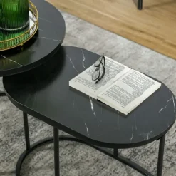 Sæt Med 2 Sofaborde Runde Ovale Bestillingsbord Sofabord Stabelbart Med Imiteret Marmorside Op Til 30 Kg Mdf Stål Sort Ø50 X 50,5H Cm