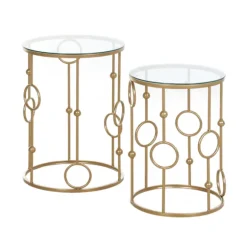Sæt med 2 sofaborde, sideborde med glasplader, stueborde med bøjle og kugle design Ø41 x 57 cm, guld
