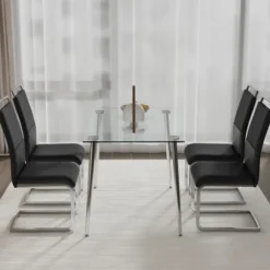 Sæt med 4 spisestole med højt ryglæn lavet af PU-læder og linned, vandret stribedesign til køkken/kontor, sort Black