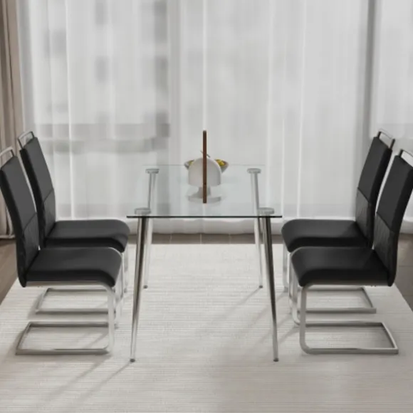 Sæt med 4 spisestole med højt ryglæn lavet af PU-læder og linned, vandret stribedesign til køkken/kontor, sort Black