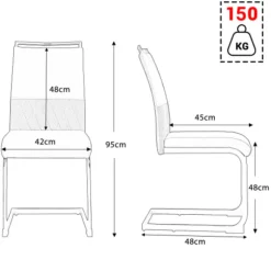 Sæt med 4 spisestole med højt ryglæn lavet af PU-læder og linned, vandret stribedesign til køkken/kontor, sort Black