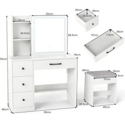 Sæt med Frisørbord og Skammel COSTWAY, Spejl med Justerbar Farve og Lysstyrke, Opladningsstation, 4 Skuffer, Opbevaringshylder Vit