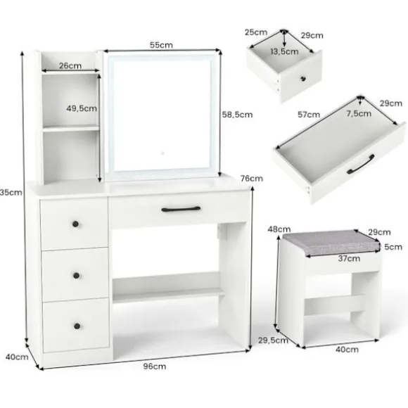 Sæt med Frisørbord og Skammel COSTWAY, Spejl med Justerbar Farve og Lysstyrke, Opladningsstation, 4 Skuffer, Opbevaringshylder Vit