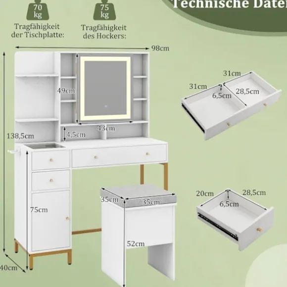 Sæt med Frisøre og Skammel med Belyst Spejl COSTWAY, Opladningsstation med LED Lys i 3 Farver, Skuffer, Glasplade