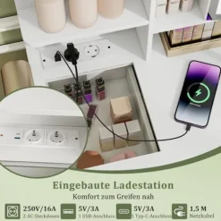 Sæt med Frisøre og Skammel med Belyst Spejl COSTWAY, Opladningsstation med LED Lys i 3 Farver, Skuffer, Glasplade