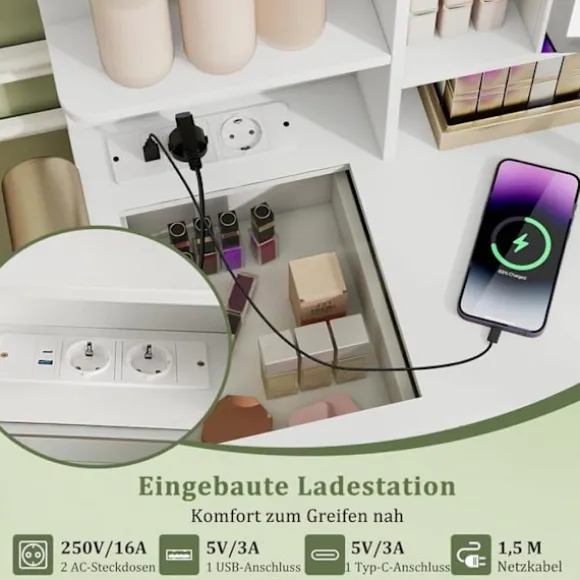 Sæt med Frisøre og Skammel med Belyst Spejl COSTWAY, Opladningsstation med LED Lys i 3 Farver, Skuffer, Glasplade