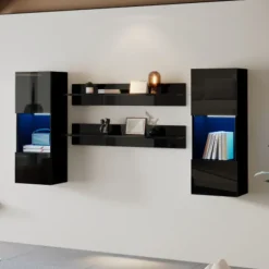4-sæt væghylde med smart LED-lys: APP-styret, højglans & glas, TV-kompatibel til stue i sort Black