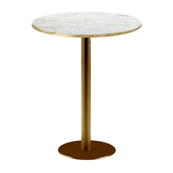 Ståbord - Rom bistro Ø60cm Marmor hvid med årer - H110 cm - Plade Ø60 cm laminat - Fod i guldfarvet støbejern Vit