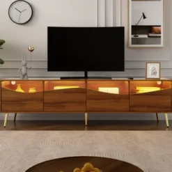 Stilfuldt lowboard med LED-belysning, TV-skab i træfarve med glasfront & guldfødder i metal, 180 cm, stue Wood