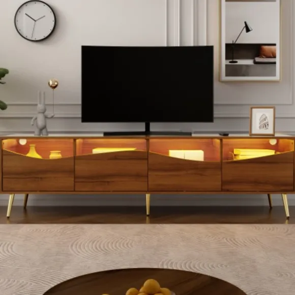 Stilfuldt lowboard med LED-belysning, TV-skab i træfarve med glasfront & guldfødder i metal, 180 cm, stue Wood