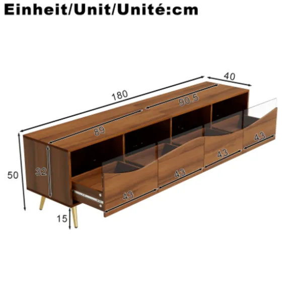 Stilfuldt lowboard med LED-belysning, TV-skab i træfarve med glasfront & guldfødder i metal, 180 cm, stue Wood