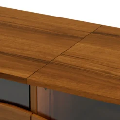 Stilfuldt lowboard med LED-belysning, TV-skab i træfarve med glasfront & guldfødder i metal, 180 cm, stue Wood