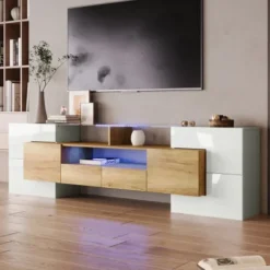 Stilfuldt lowboard med LED-belysning, TV-skab i højglans hvid med elegant glasoverflade, 200 cm, moderne Natural