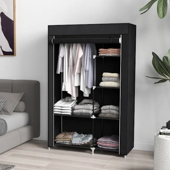 Stof Garderobe 6 Rum Fleece Look Foldegarderobe Sort 103X43X162,5Cm