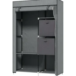 Stof Garderobe, Foldeskab Med Skuffer Og Bøjlestang, Lynlås, Garderobe, Non-Woven Stof, Mørkegrå