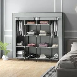 Stof Garderobe Med Bøjlestang, 10 Rum, 4 Skuffer, Garderobe I Fleece Look, Mørkegrå