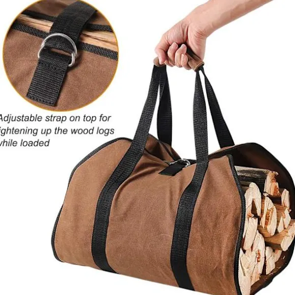 Stor Lærred Brændebærerpose 96cm x 46cm Heavy Duty Voks Pejs Brændepose til Brændeovne, Indendørs og Camping (Brun)