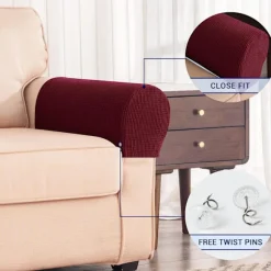 Stræk Armlænsbetræk Spandex Armbetræk til Stole Sofa Lænestol Betræk til Lænestol Sofa med Twist Pins 2 stk (Vinrød)