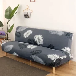 Strækbar elastisk betræk til armløs sofa, futonbetræk med bladprintdesign, varmebestandigt betræk uden armlæn, maskinvaskbar sofa