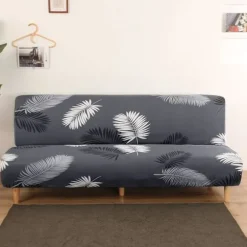 Strækbar elastisk betræk til armløs sofa, futonbetræk med bladprintdesign, varmebestandigt betræk uden armlæn, maskinvaskbar sofa